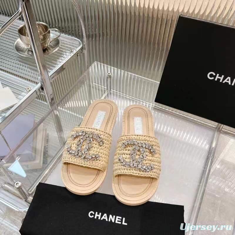 2025 Women Chanel Beige Raffia Crystal Slippers LY00270