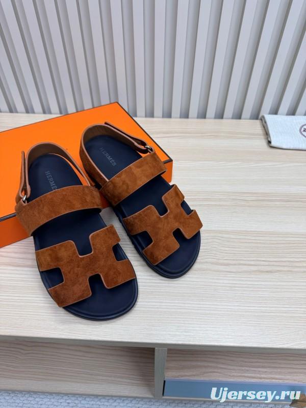 2025 Women Hermès Brown Suede Leather Sandals