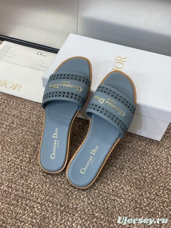 2025 Women Dior Blue Leather Slippers KFY00300