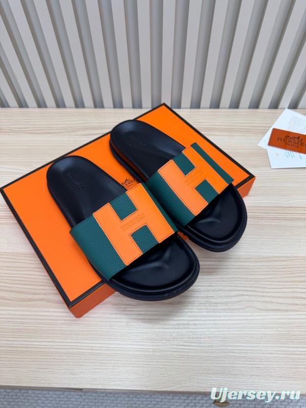 2025 Hermès Green Orange Leather Slippers