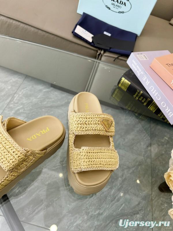 2025 Prada Beige Raffia Slippers LY00290