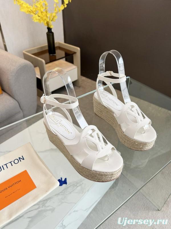 2025 Women Louis Vuitton White Leather Espadrille Wedge Sandals MJ00280