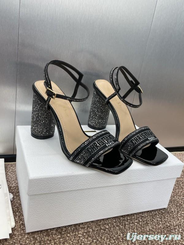 2025 Women Dior Black Patent Leather Crystal High Heel Sandals KFY00320
