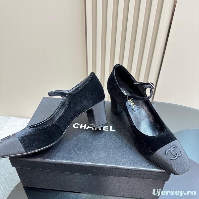 2025 Women Chanel Black Velvet Leather Mary Jane CC Logo KFY00290