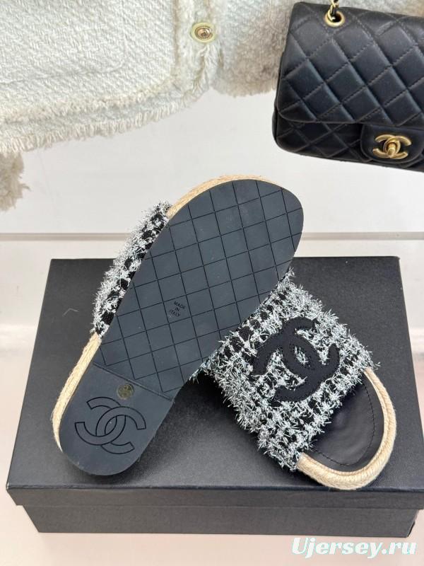 2025 Slippers Chanel Black White Tweed Espadrille Handcrafted KFY00230