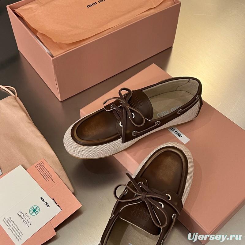 2025 Women Miu Miu Brown Beige Leather Canvas Loafers LY00230