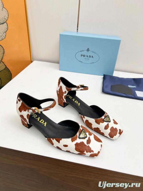 2025 Women Prada Brown White Calf Hair Strap Heels LY00270