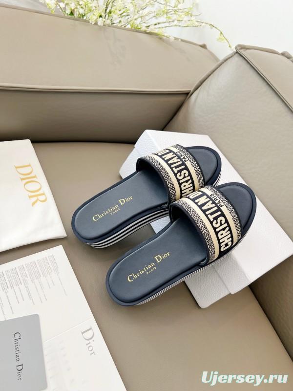 2025 Women Dior Navy White Canvas Platform Slippers LY