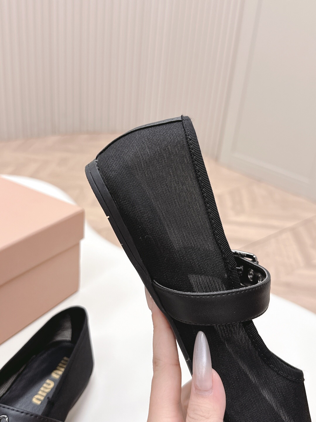 2025 Women Miu Miu Black Mesh Leather Ballet Flats LY00230