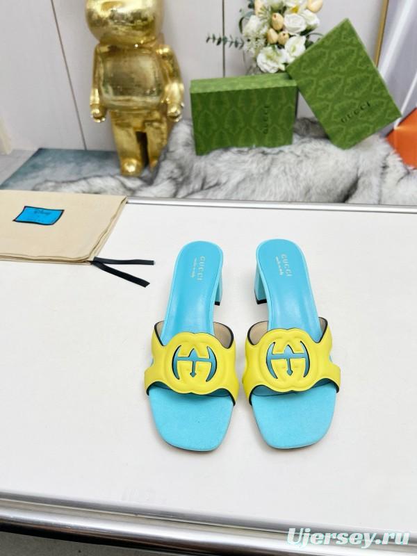 2025 Gucci Blue Yellow Leather Slippers