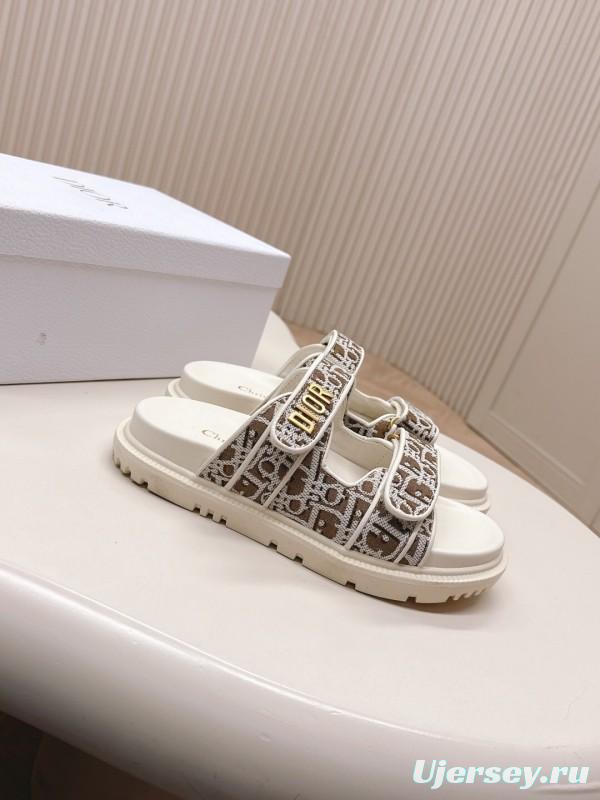 2025 Women Dior Brown Beige Canvas Leather Sandals LY