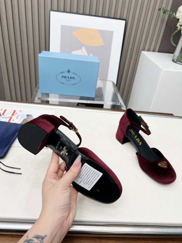 2025 Women Prada Burgundy Velvet Mary Jane Heel LY00270