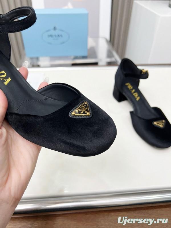 2025 Women Prada Black Velvet Mary Jane Block Heel KFY00270