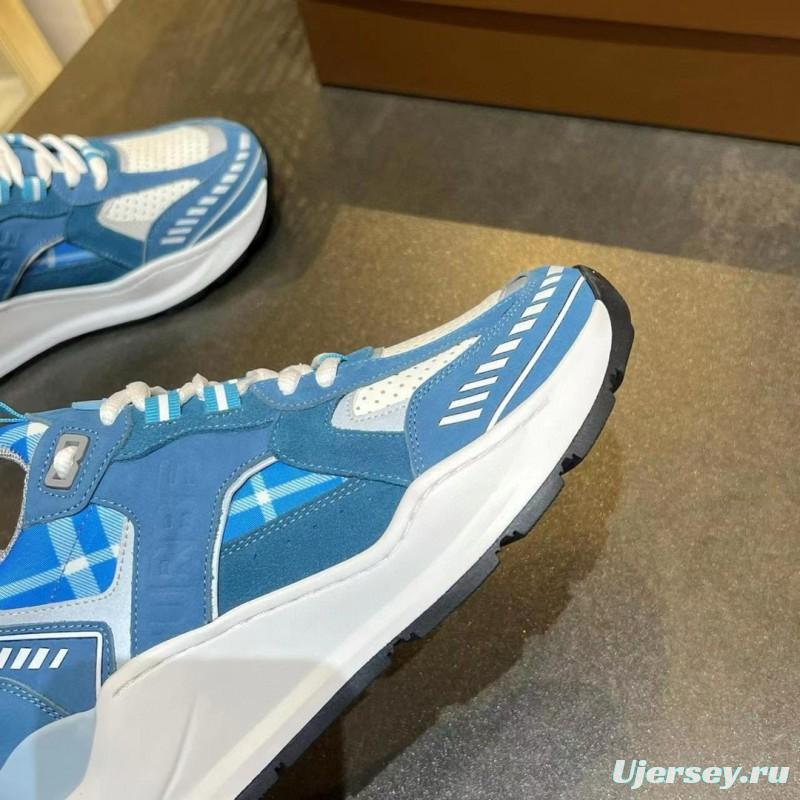 2025 Unisex Burberry Blue White Suede Leather Cotton Sneakers Retro Check MJ00380