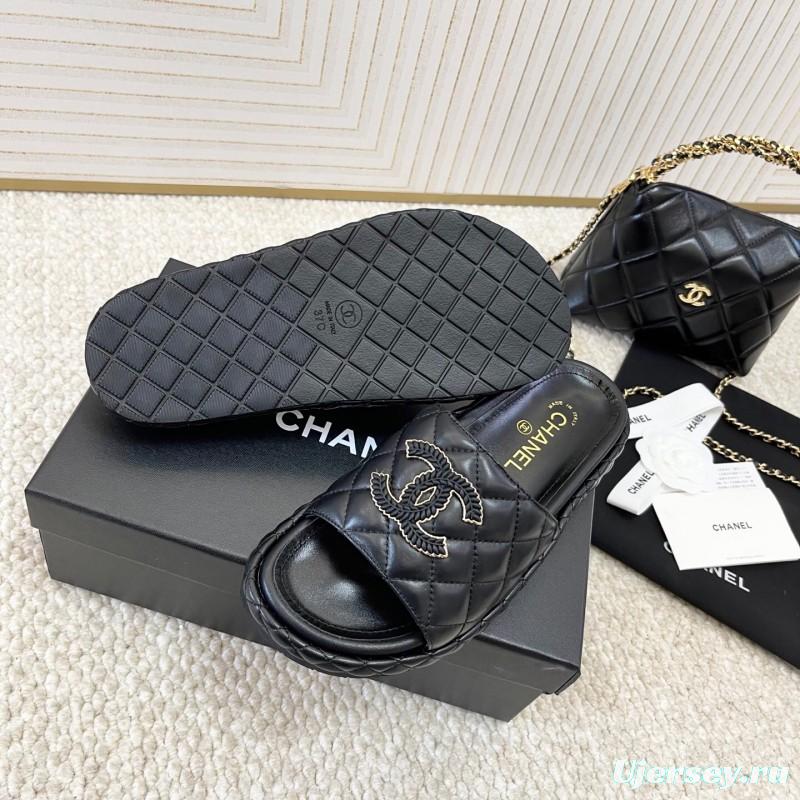 2025 Chanel Black Leather Slippers CC Stitching KFY00290