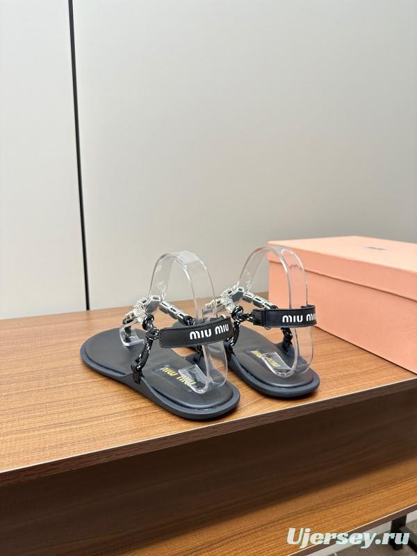 2025 Women Miu Miu Black Leather Rhinestone Sandals LY