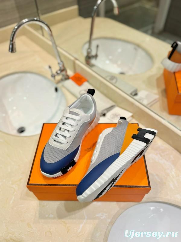 2024 Unisex Hermès Blue Grey Orange Suede Rain Cloth Sneakers MJ00320