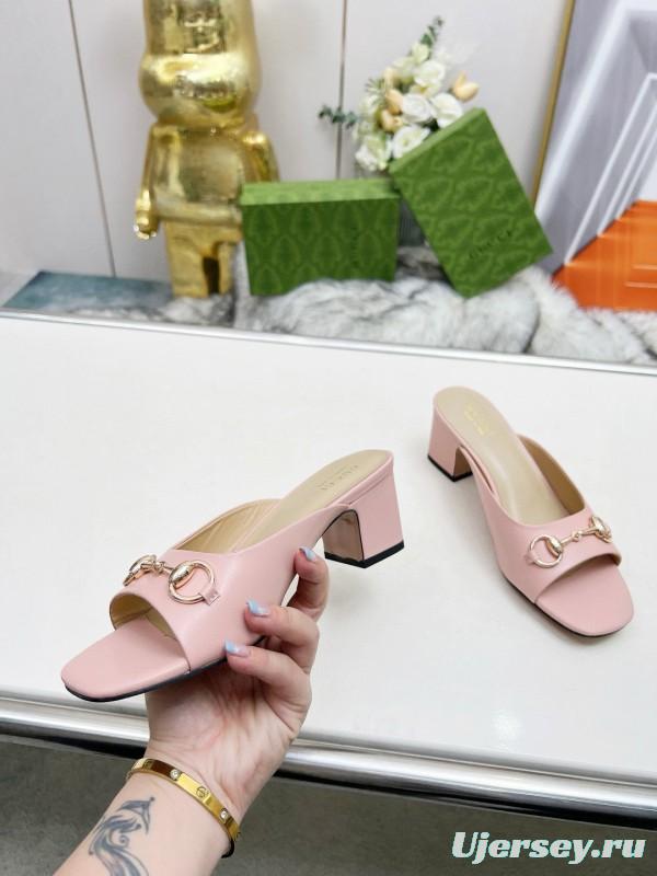2025 Women Gucci Pink Leather Block Heel Mules MJ00180