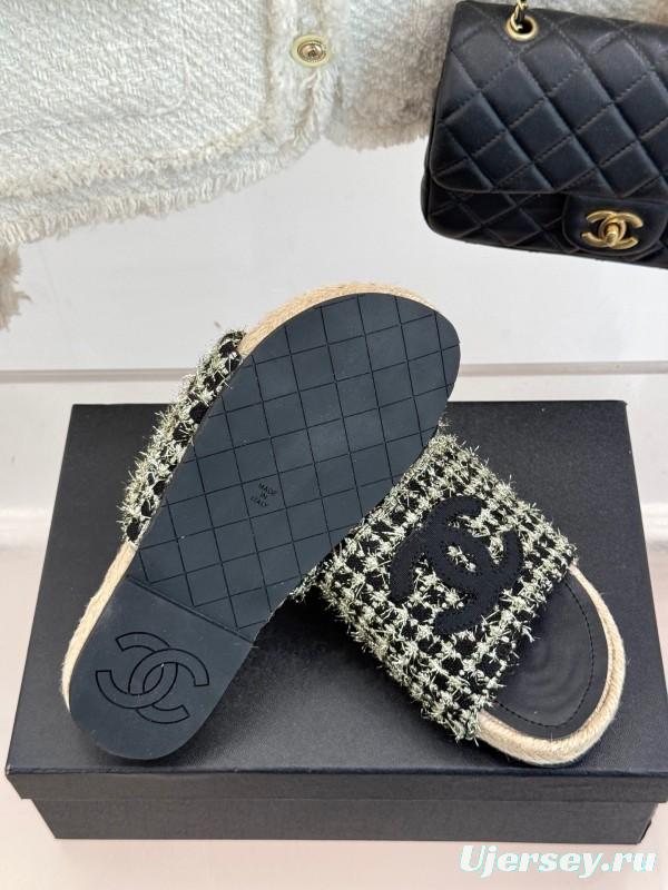 2025 CHANEL Black White Tweed Slippers