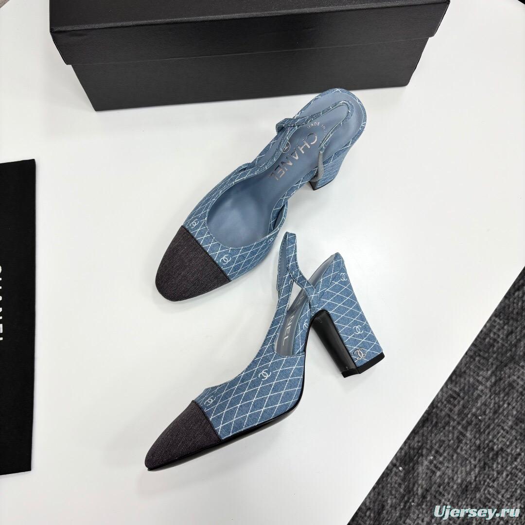 2025 Women Chanel Blue Black Denim Leather Slingback LY00270