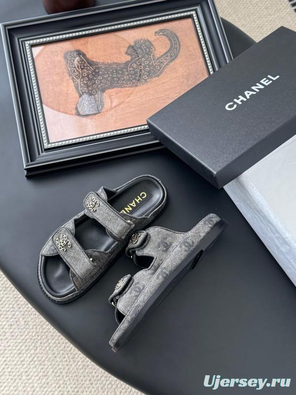 2025 Women Chanel Grey Fabric Leather Sandals Magic Tape LY00310