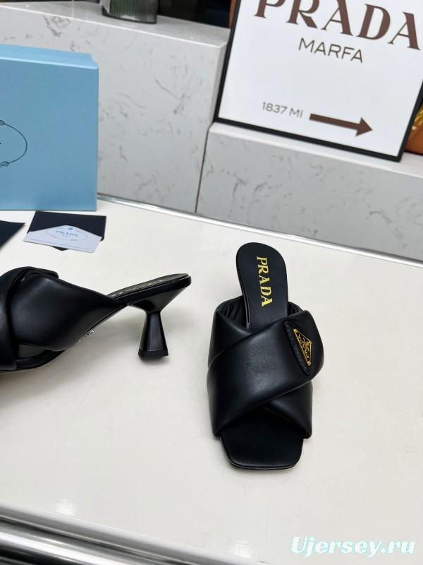 2025 Women Prada Black Soft Leather High Heel Mules KFY00270