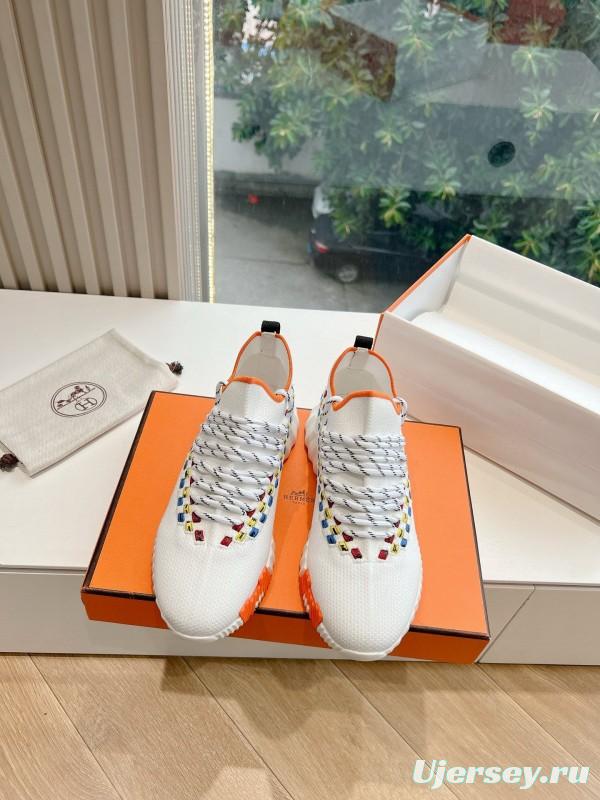 2024 Unisex Hermès White Blue Yellow Orange Calfskin Suede Sneakers MJ00290