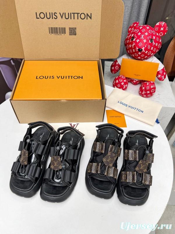 2025 Women Louis Vuitton Black Leather Fabric Sandals LV00310