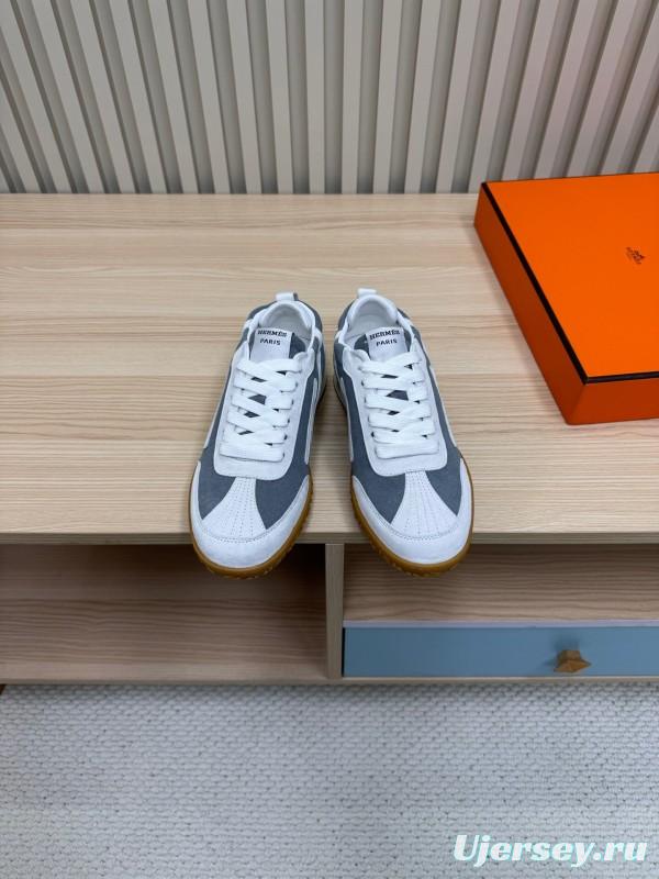 2025 Unisex Hermès White Grey Suede Down Fabric Sneakers Top Version LY00310