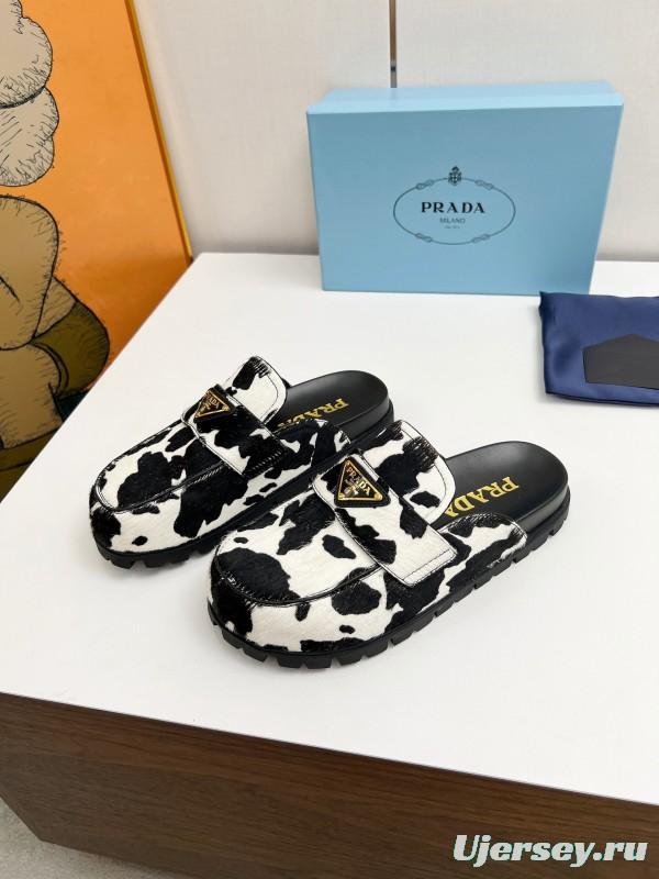 2025 Women Prada Black White Calf Hair Slippers LY00270
