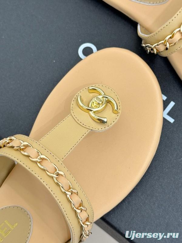 2025 Women Chanel Beige Lambskin Chain Toe Post Sandals KFY00250