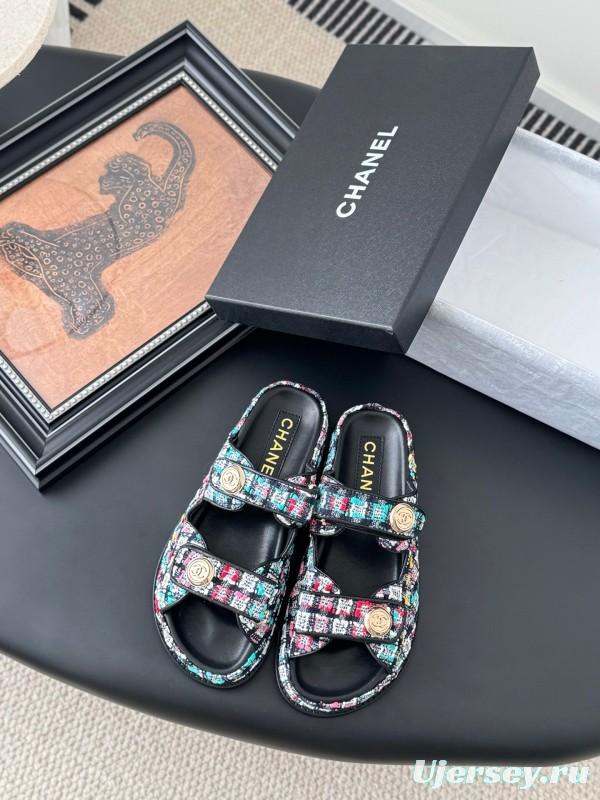 2025 Women Chanel Multi Color Fabric Leather Sandals LY00310