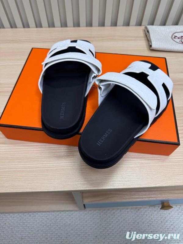 2025 Slippers Hermès Black White Leather Slippers