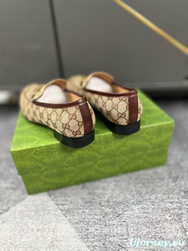 2024 Men Gucci Beige Brown Canvas Leather Loafer