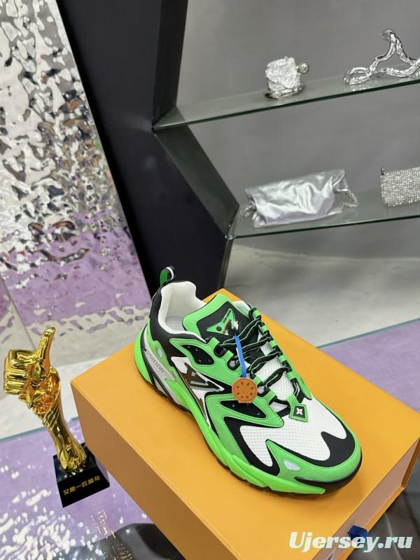 2025 Men Louis Vuitton Green Black White Mesh Leather Sneakers MJ00420