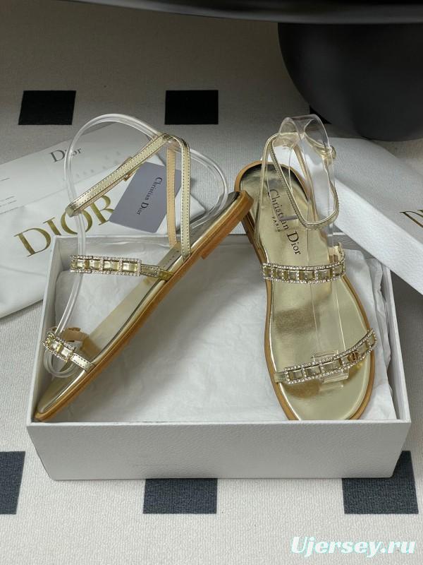 2025 Women Dior Gold Leather Sandals Crystal Embellishment