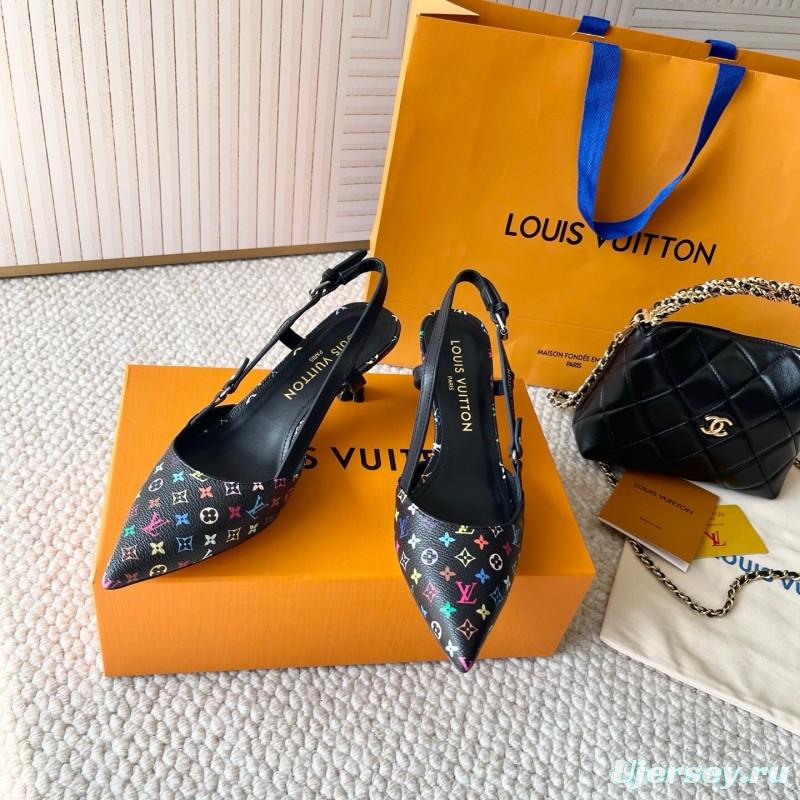 2025 Women Louis Vuitton Multicolor Canvas Leather Slingback Heels KFY00300