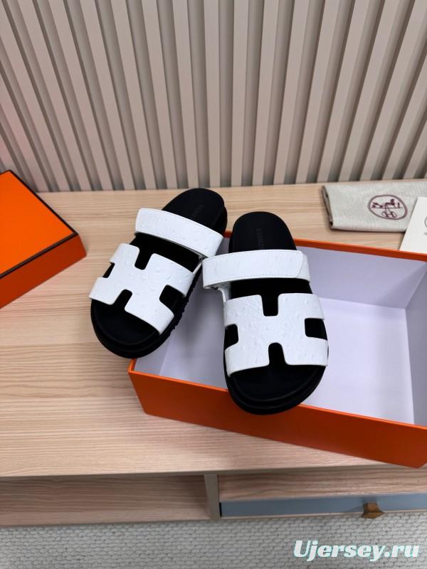 2025 Slippers Hermès Black White Leather Slippers