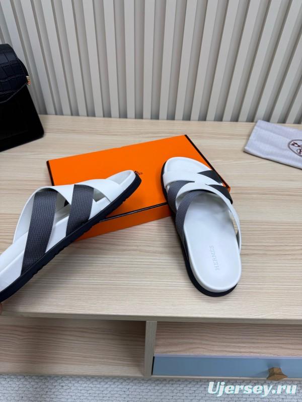 2025 Men Hermès White Black Leather Slippers