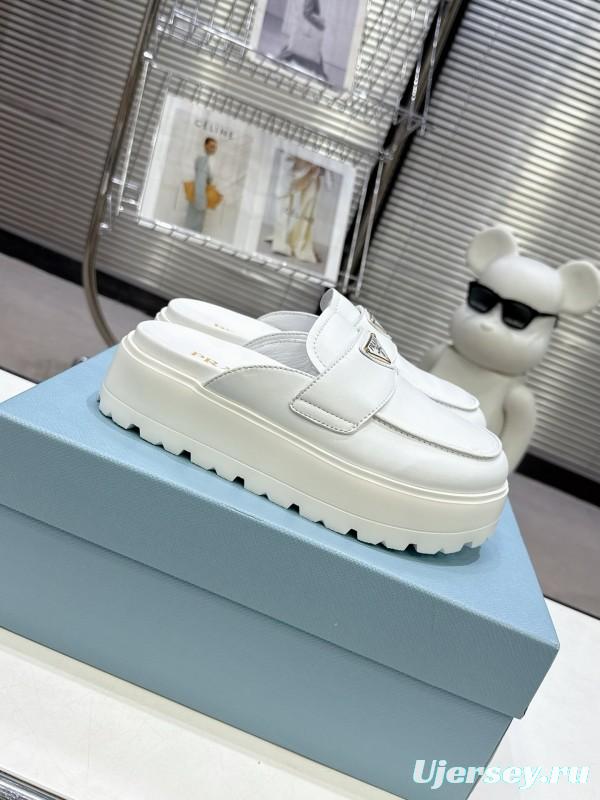 2025 Women Prada White Leather Slip-On Loafers