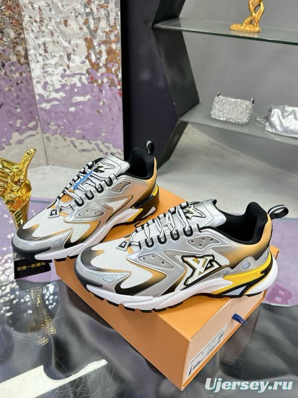2025 Men Louis Vuitton Gradient Yellow White Leather Mesh Sneakers MJ00420