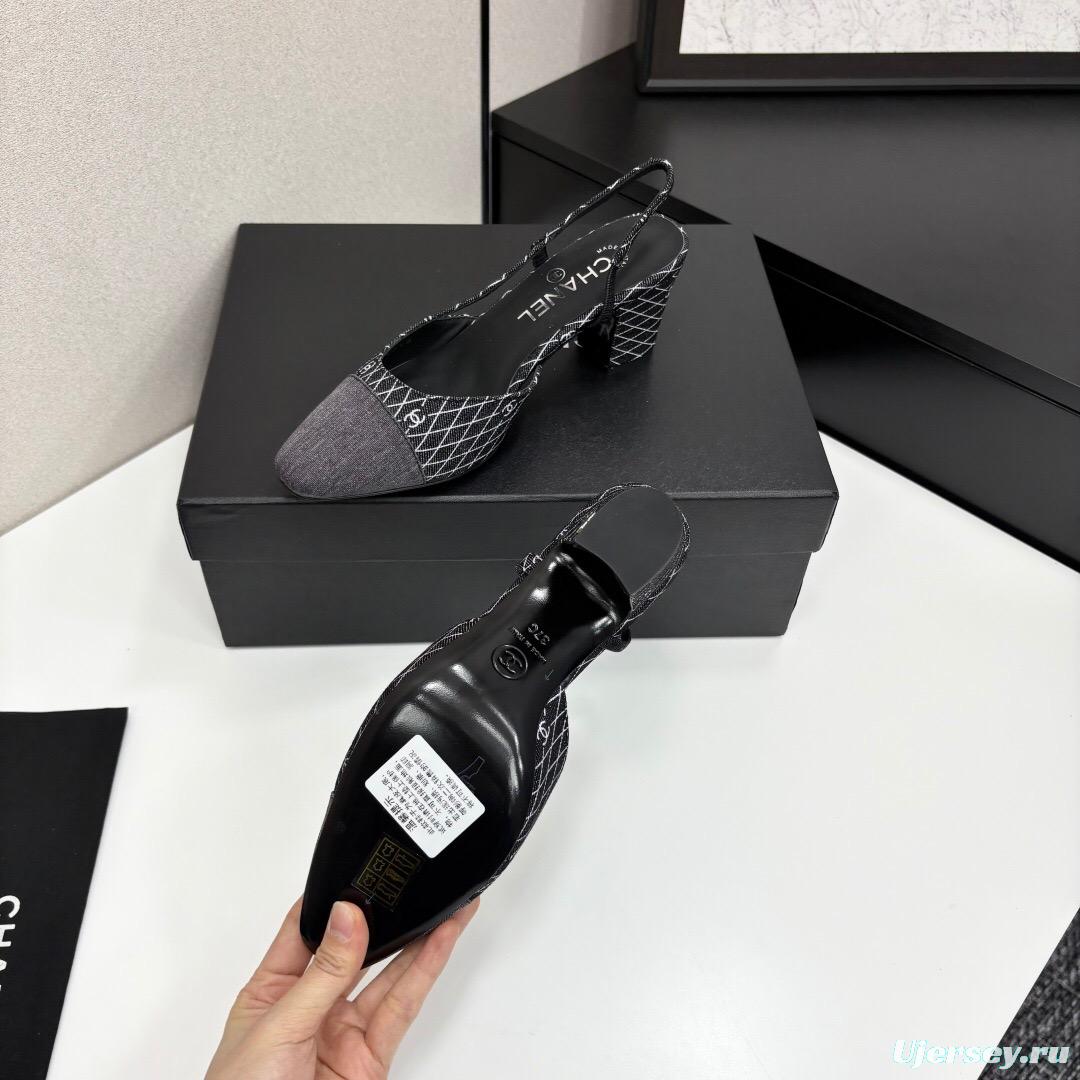 2025 Women Chanel Black White Fabric Slingback Heel LY00240
