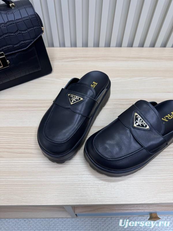 2025 Women Prada Black Leather Platform Loafers