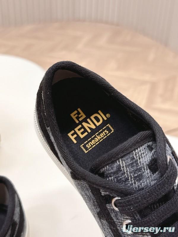 2025 Women Fendi Black Grey Fabric Leather Sneakers