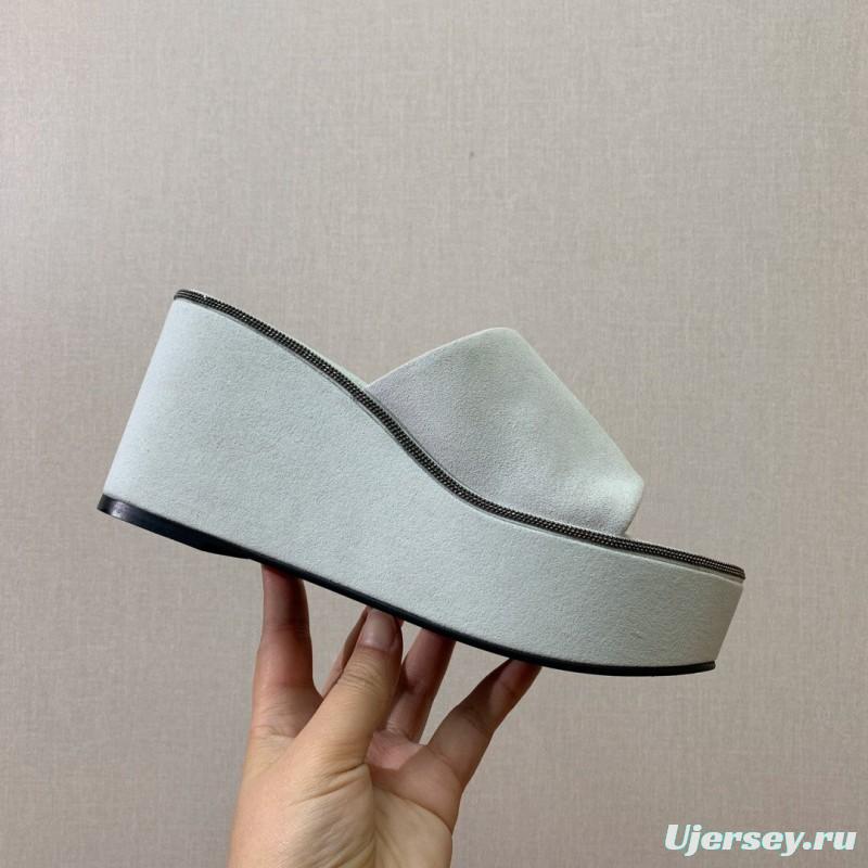 2025 Women BRUNELLO CUCINELLI White Suede Platform Slide Sandals Casual Craftsmanship LY00360(F)
