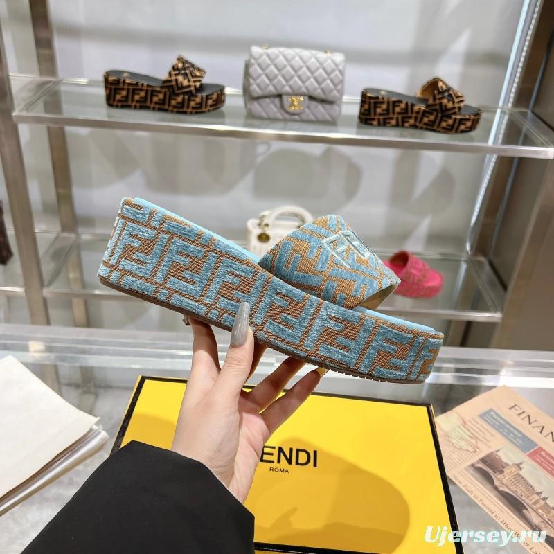 2025 Slippers Fendi Blue Brown Canvas FF Jacquard Platform FJ00321