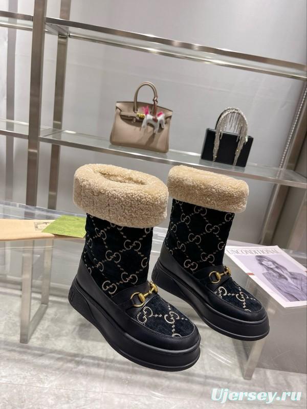 2024 Women Gucci Black Shearling Leather Snow Boots MJ00420