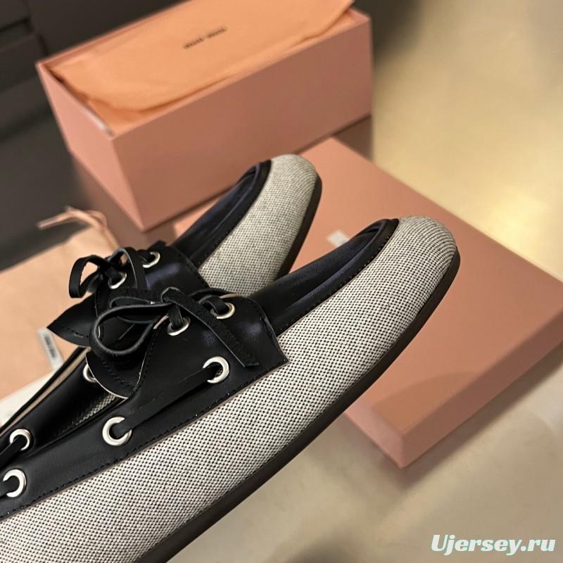 2025 Women Miu Miu Black Beige Leather Fabric Loafers