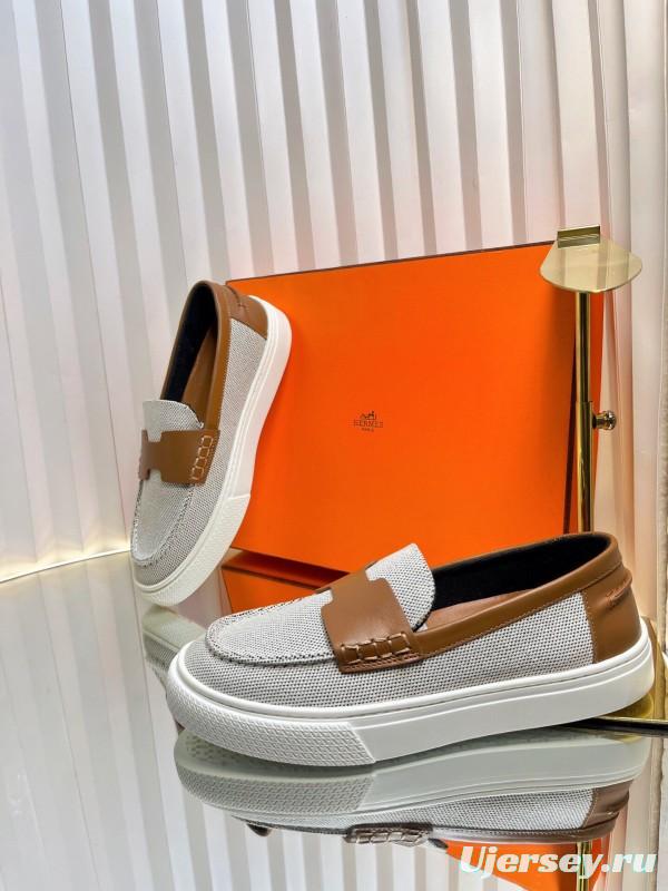 2025 Unisex Hermès White Brown Leather Fabric Loafers