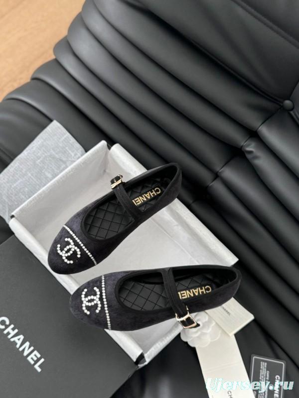 2025 Women Chanel Black Velvet Mary Jane Embroidered LY00280